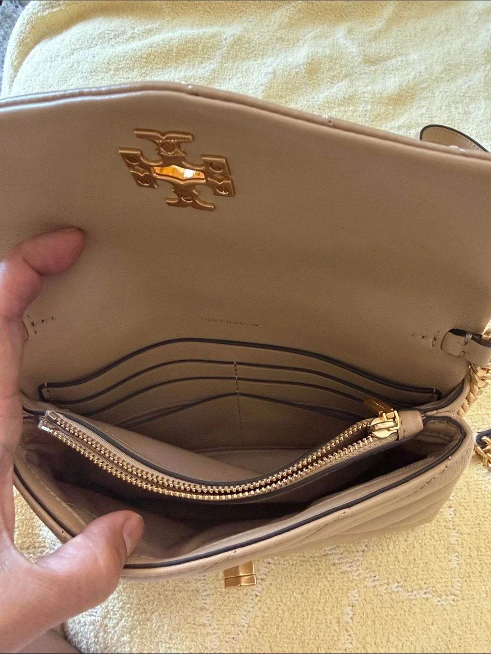 Tory Burch Quilted Crossbody in Light Tan with Gold Hardware